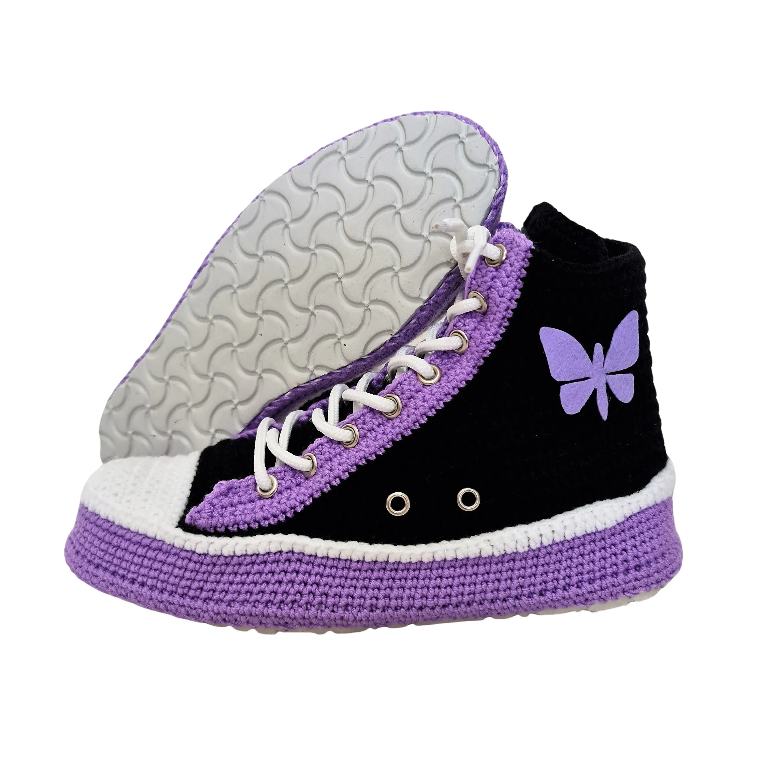 Crochet Knit Handmade Converse-Like Indoor Sneakers Purple Slippers