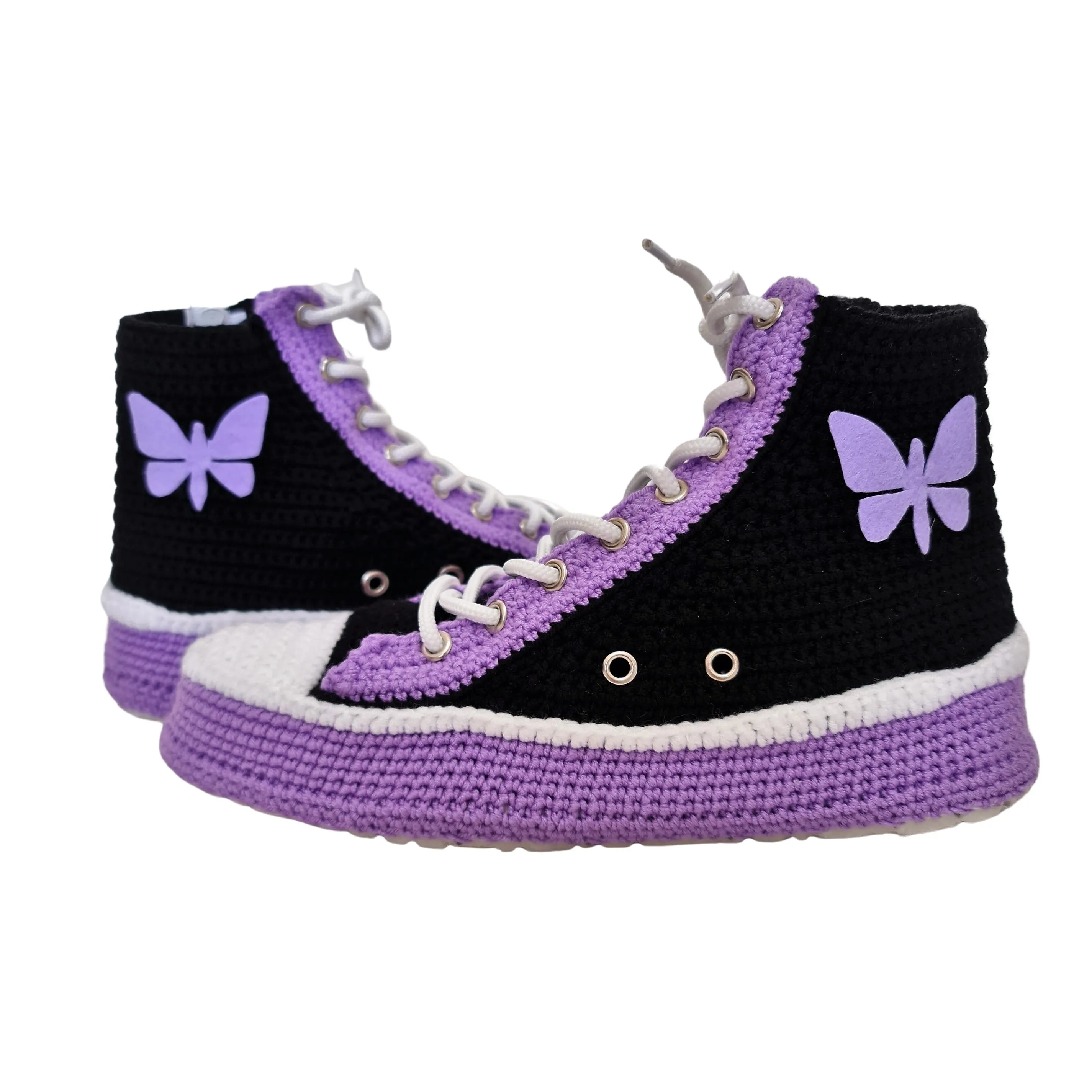 Crochet Knit Handmade Converse-Like Indoor Sneakers Purple Slippers