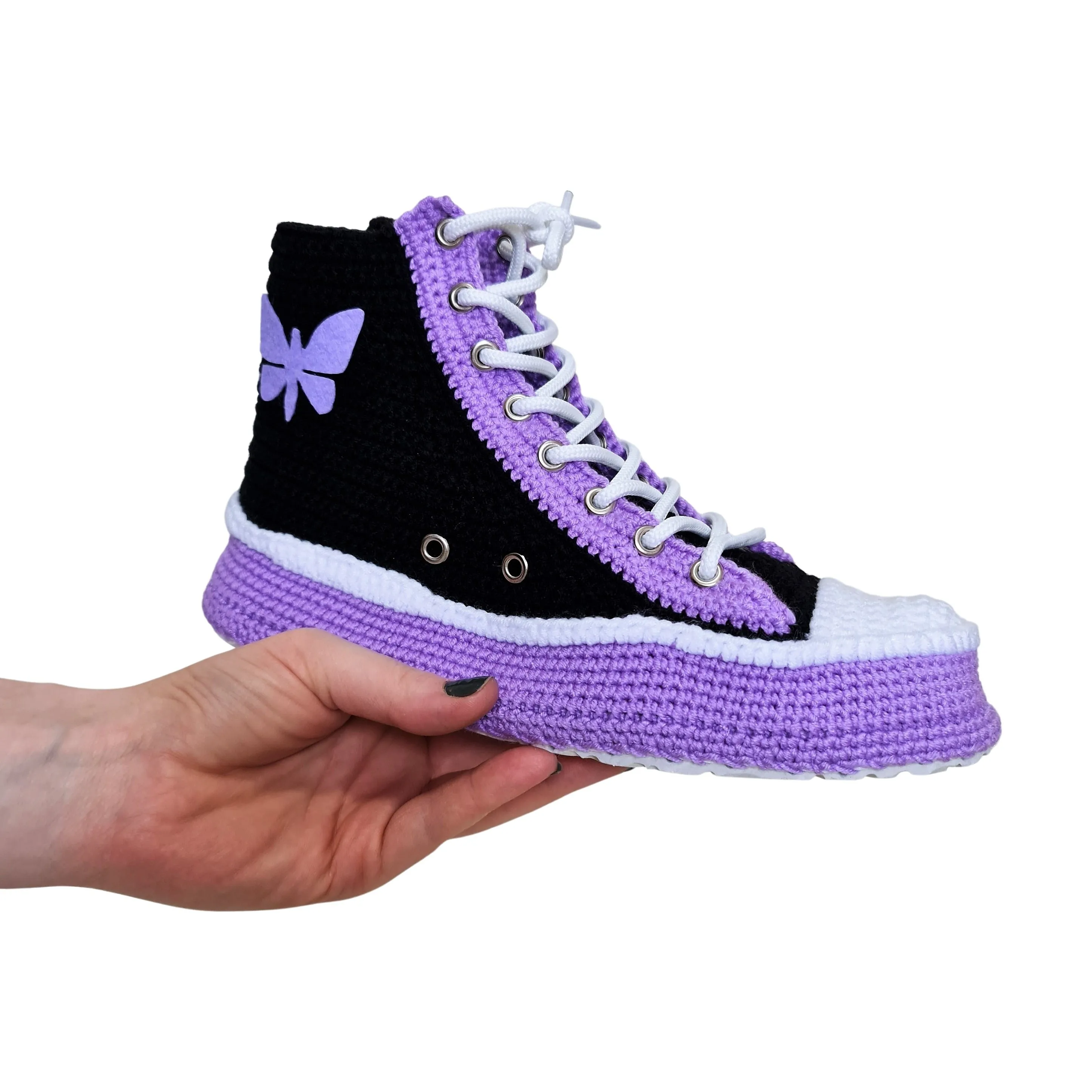 Crochet Knit Handmade Converse-Like Indoor Sneakers Purple Slippers