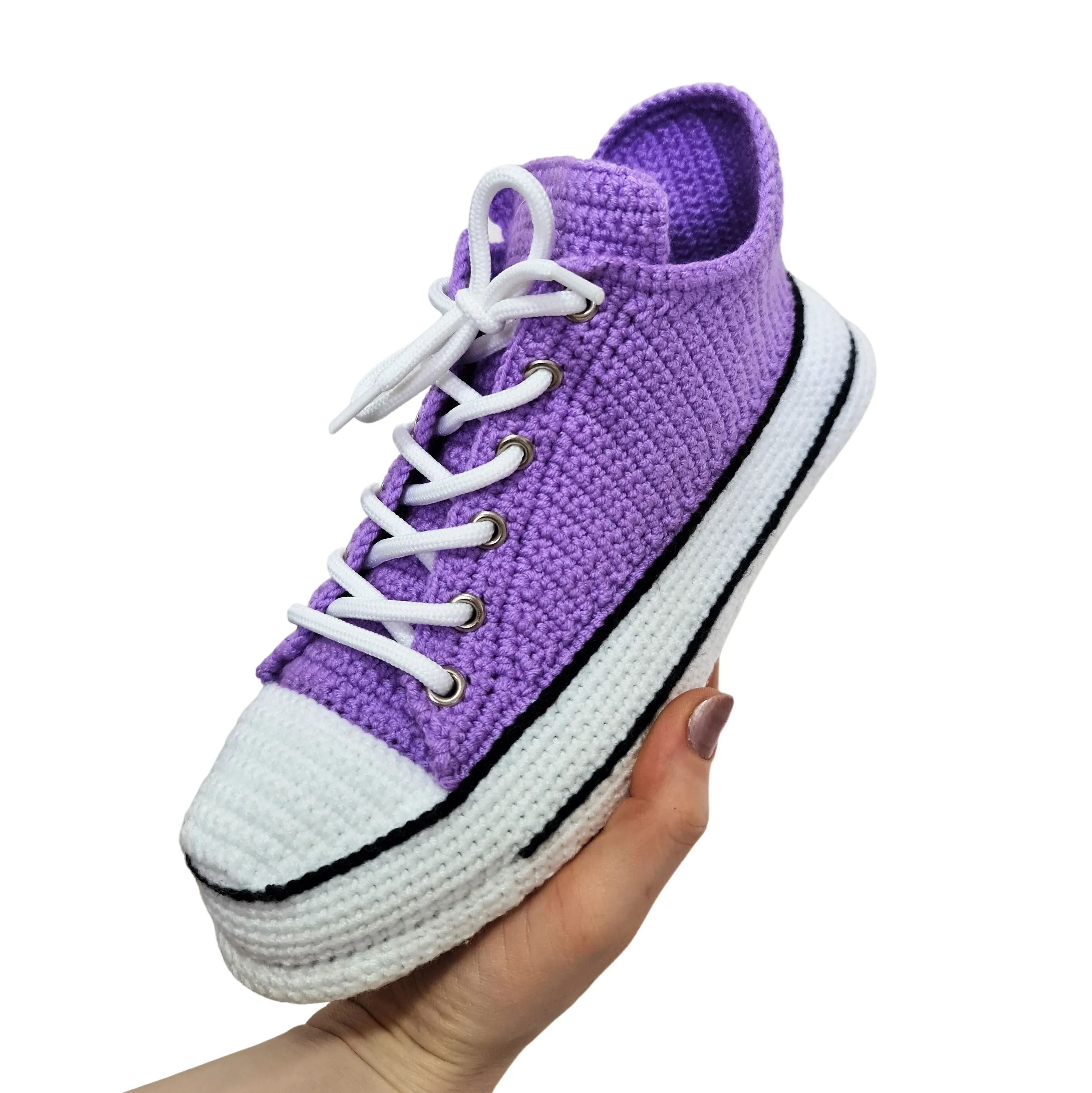 Crochet Purple Cotton House Shoes Slip On Sneakers Plush Slippers