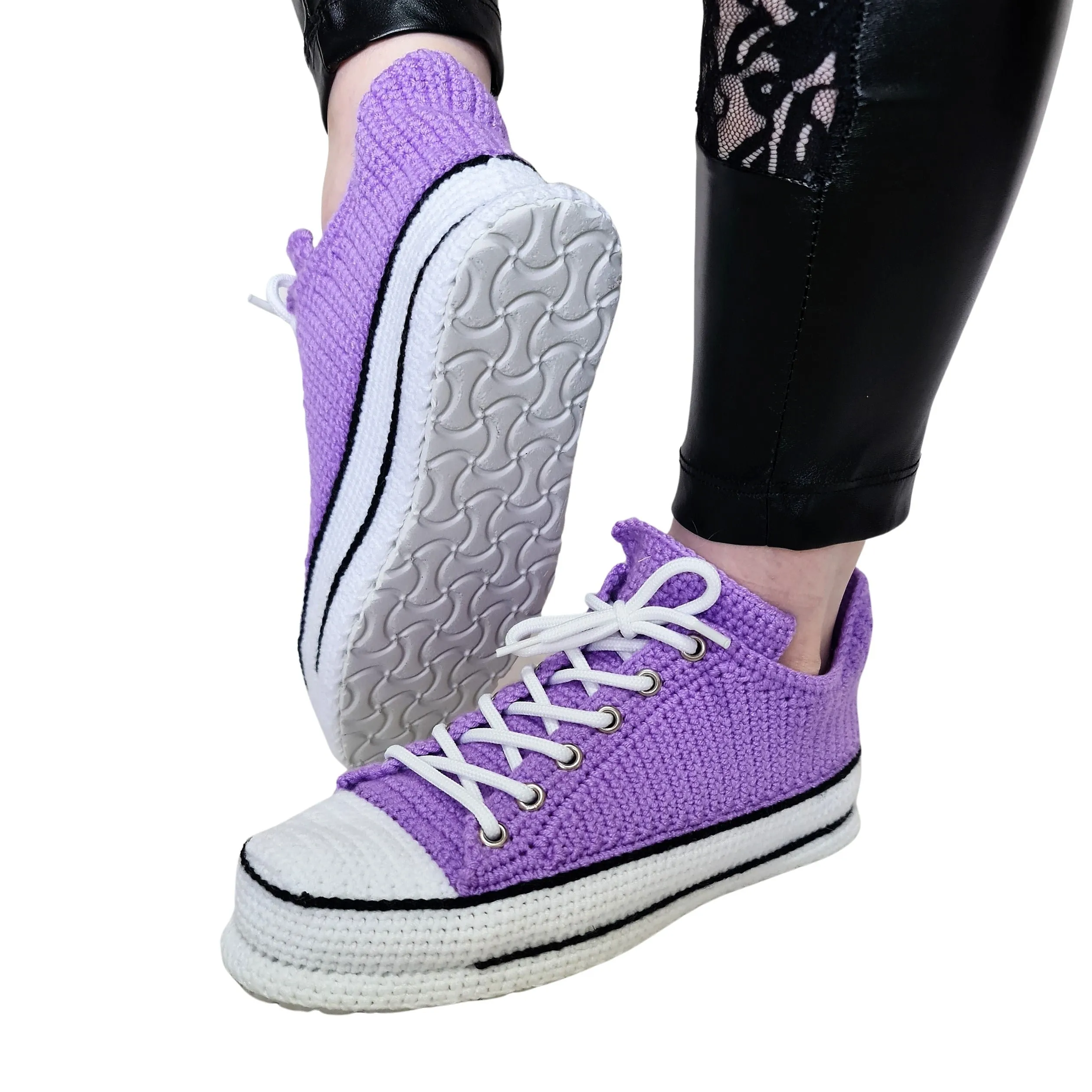 Crochet Purple Cotton House Shoes Slip On Sneakers Plush Slippers