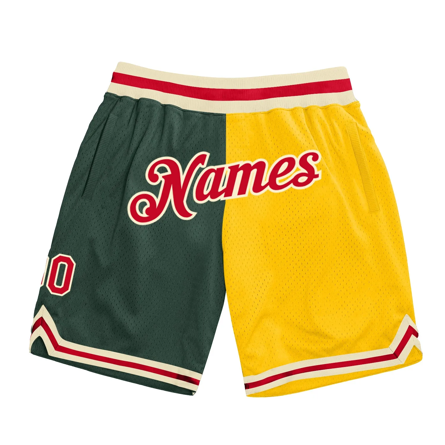 Custom Hunter Green Red-Gold Authentic Throwback Split Fashion Basketball Shorts