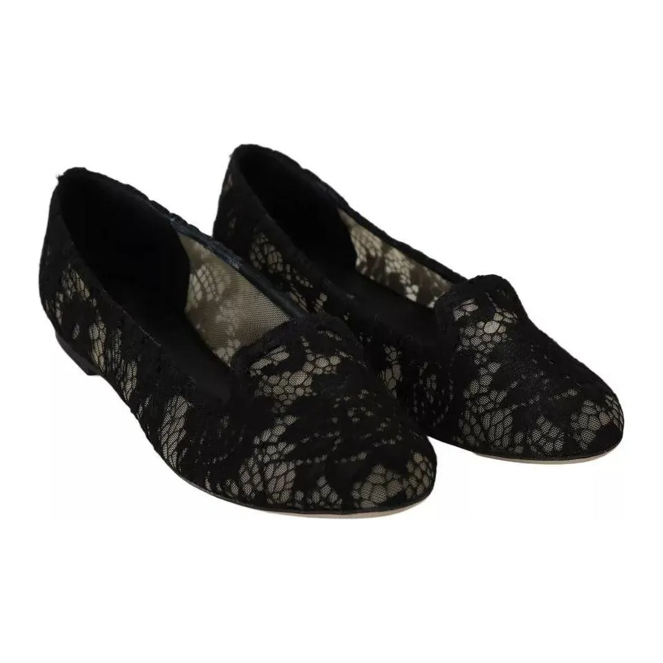 Dolce & Gabbana Black Floral Lace Loafers Flats Shoes