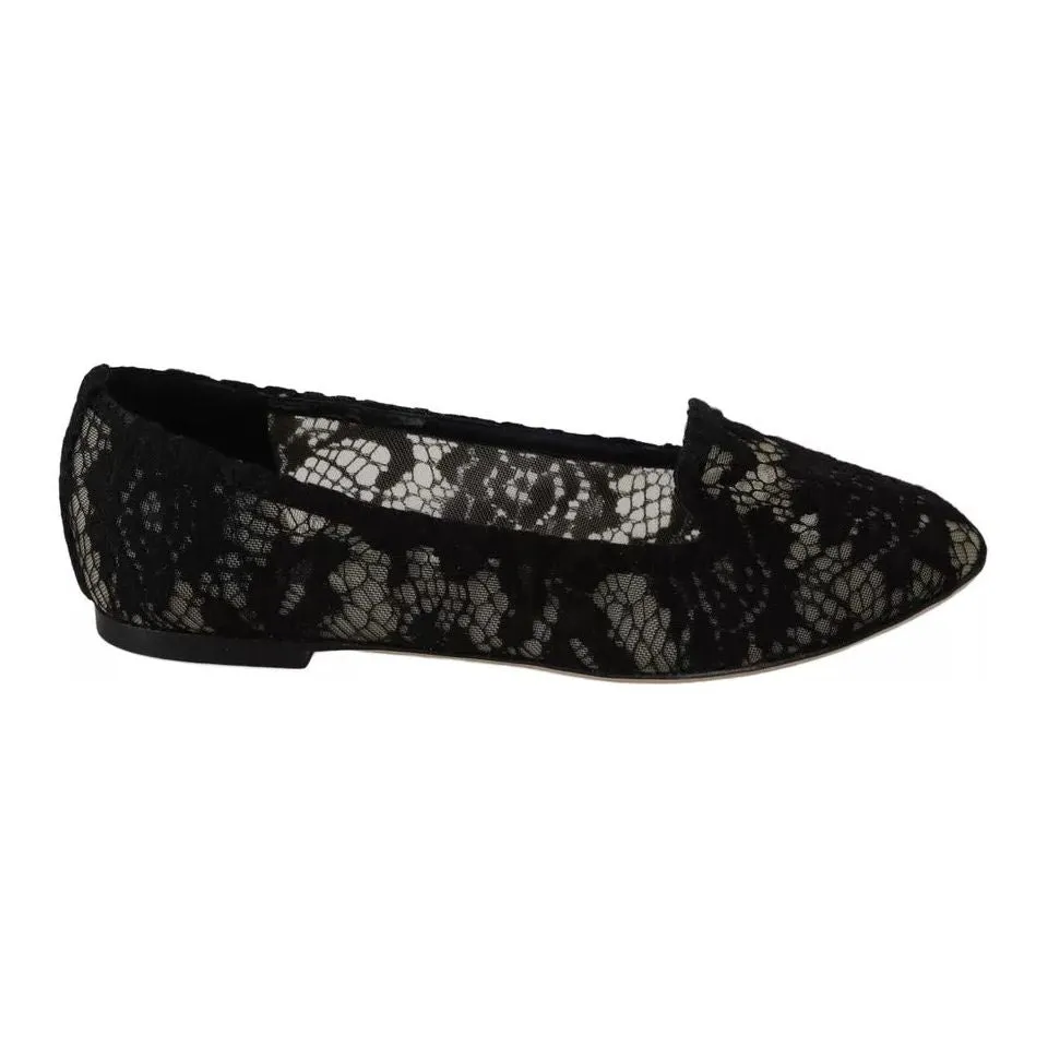 Dolce & Gabbana Black Floral Lace Loafers Flats Shoes