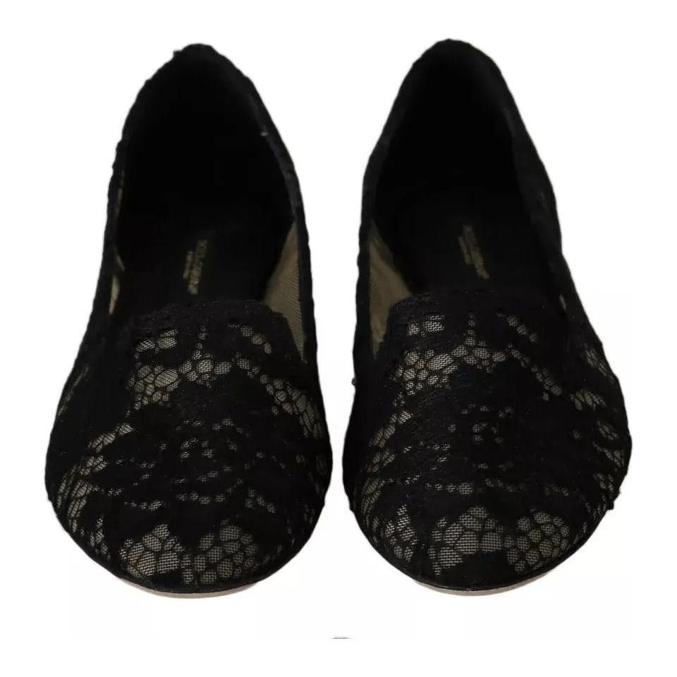 Dolce & Gabbana Black Floral Lace Loafers Flats Shoes