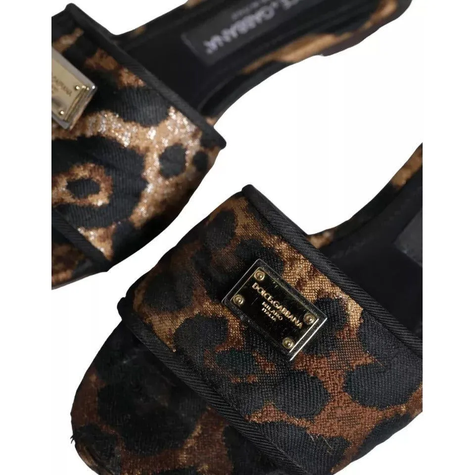 Dolce & Gabbana Brown Leopard Logo Slides Flats Sandals Shoes