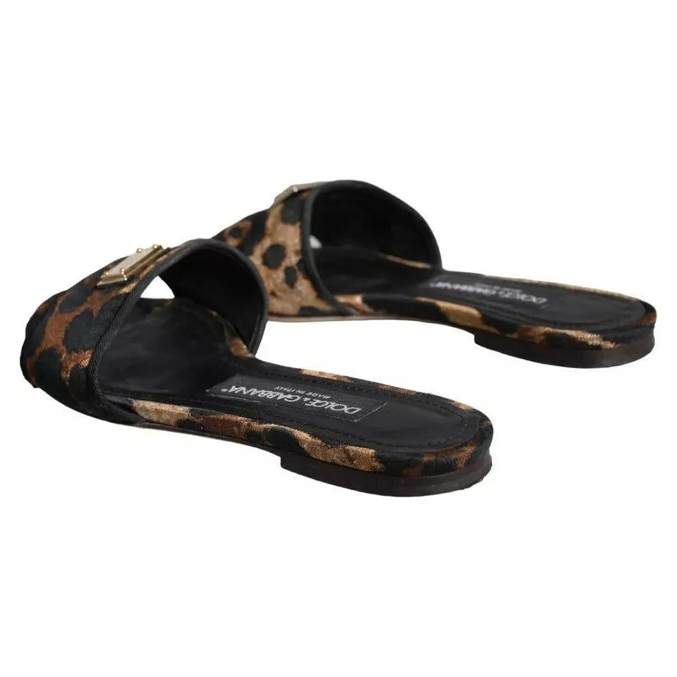 Dolce & Gabbana Brown Leopard Logo Slides Flats Sandals Shoes