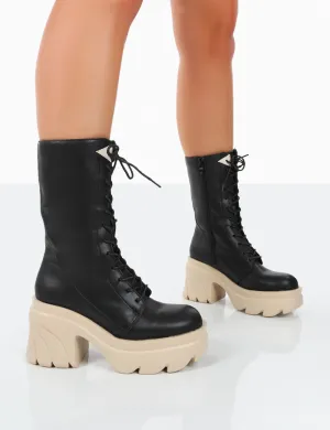 Ever Black Beige Laced Platform Chunky Sole Ankle Boots