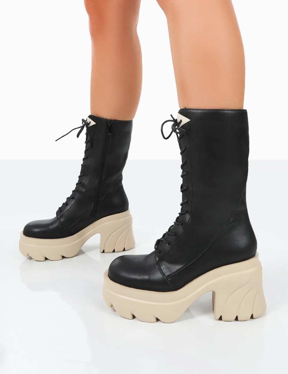 Ever Black Beige Laced Platform Chunky Sole Ankle Boots