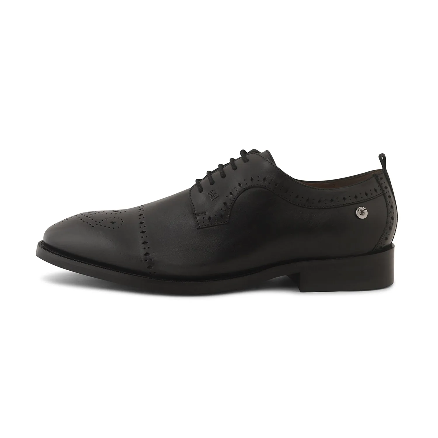 Ezok Men Black Burnish Finish Perforated Leather Derby Shoes