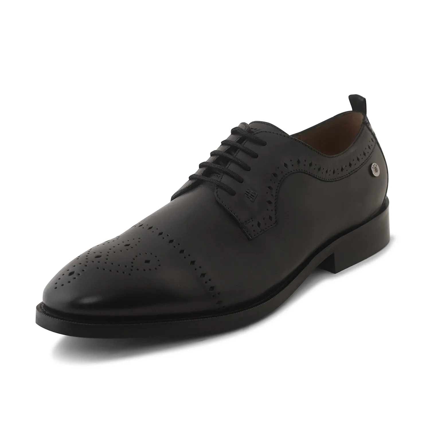 Ezok Men Black Burnish Finish Perforated Leather Derby Shoes