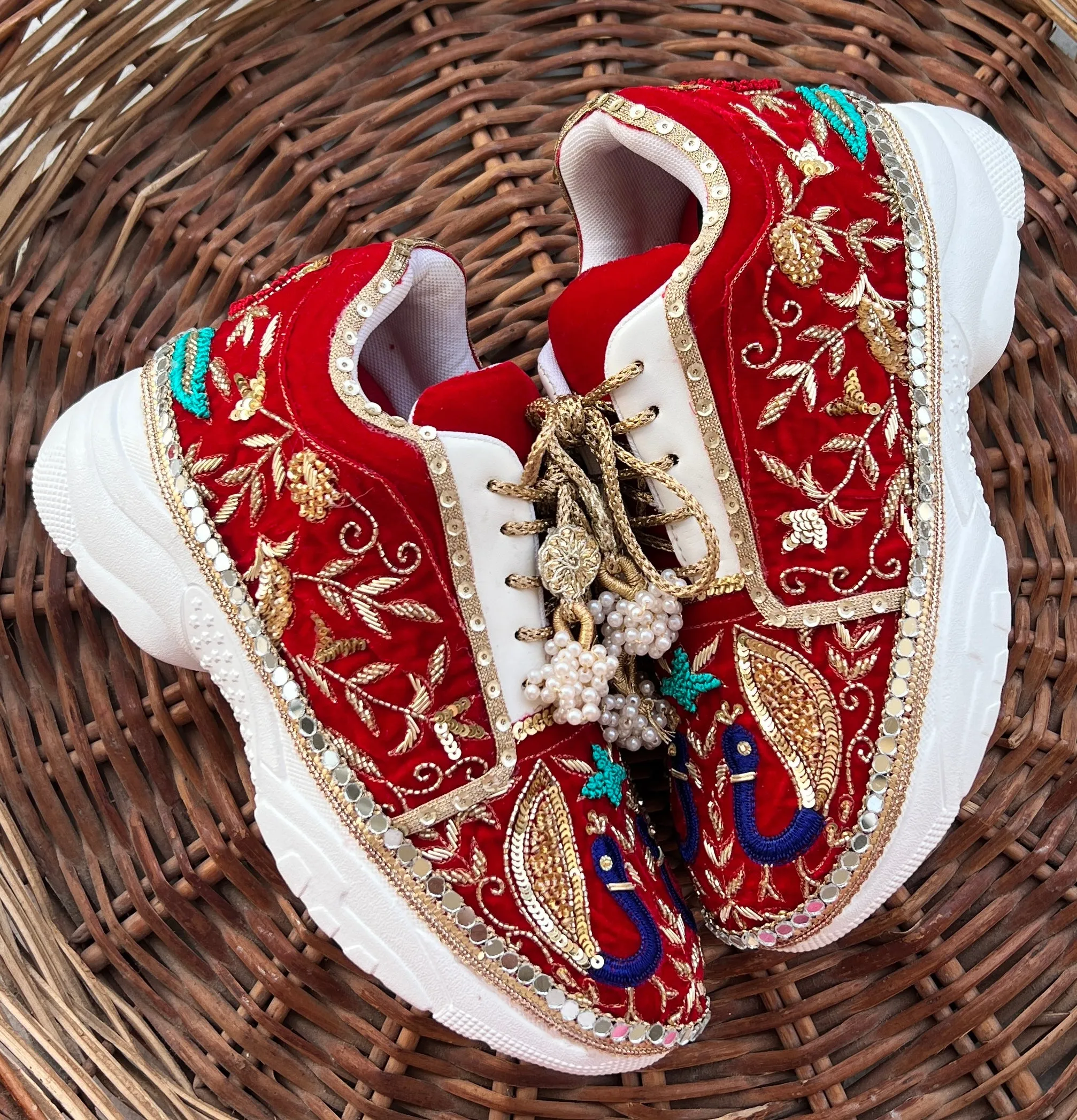 FUNKY N TRENDY red hand embroidered sneakers for brides /bridesmaids / sneakers for bridesmaids/ handcrafted sneakers/ sequine sneakers / bridal sneakers / bridesmaid sneakers/ red sneakers /embroidered shoes/ zardozi sneakers/peacock sneakers