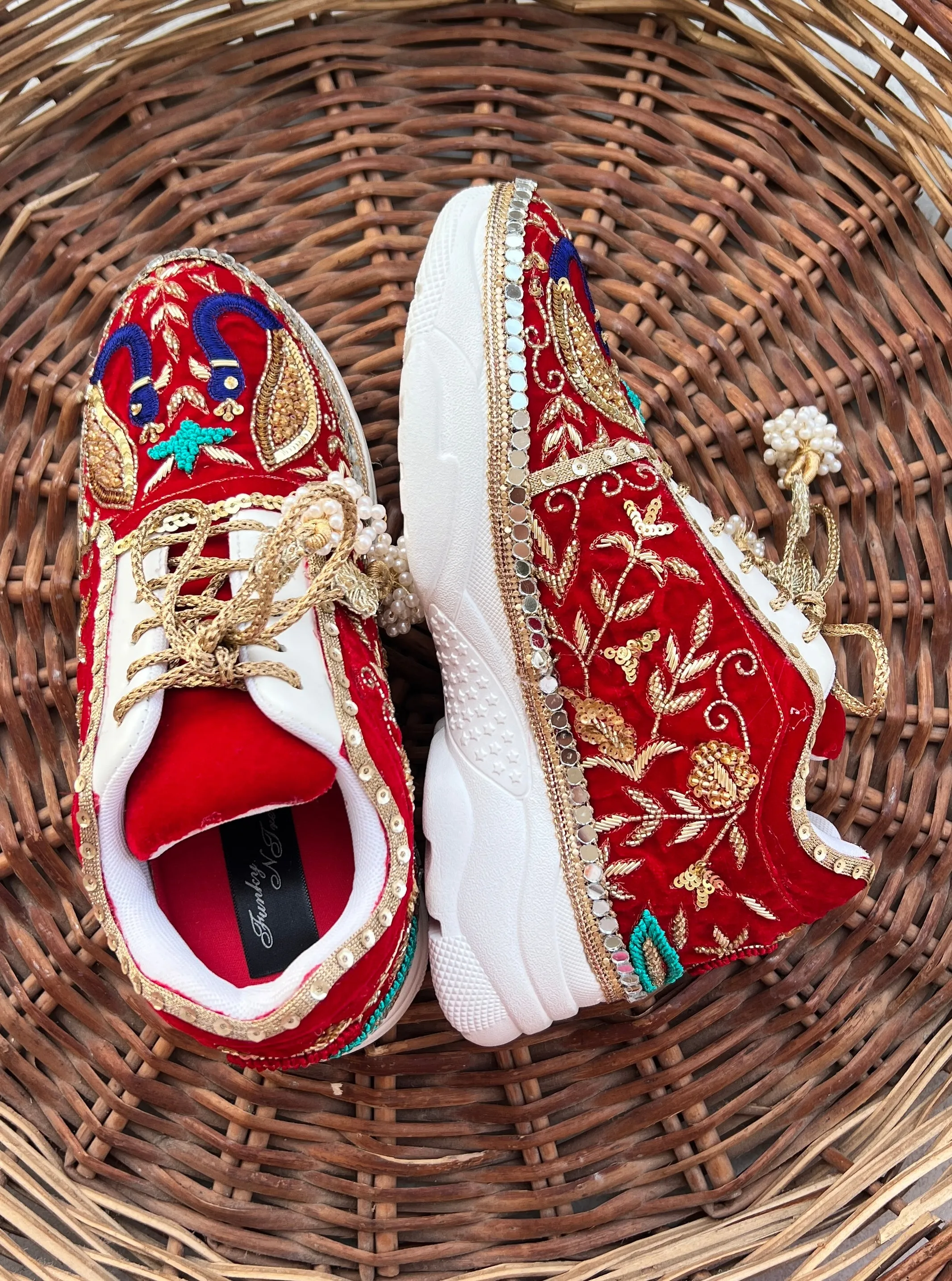 FUNKY N TRENDY red hand embroidered sneakers for brides /bridesmaids / sneakers for bridesmaids/ handcrafted sneakers/ sequine sneakers / bridal sneakers / bridesmaid sneakers/ red sneakers /embroidered shoes/ zardozi sneakers/peacock sneakers