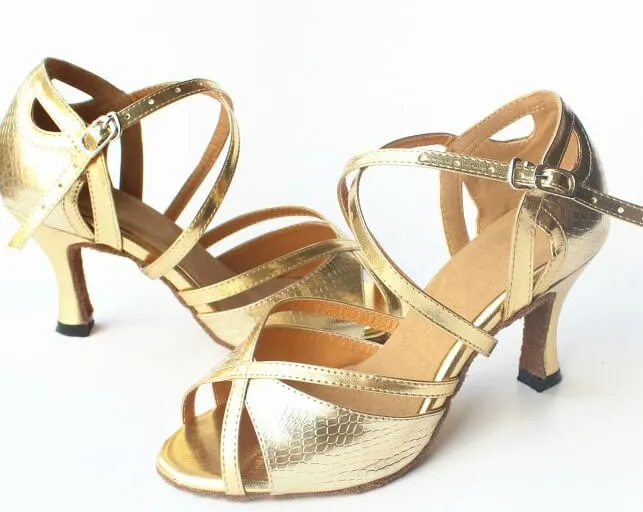 Gold Snakeskin Print Ballroom Dancing Sandals Latin Salsa Dance Shoes