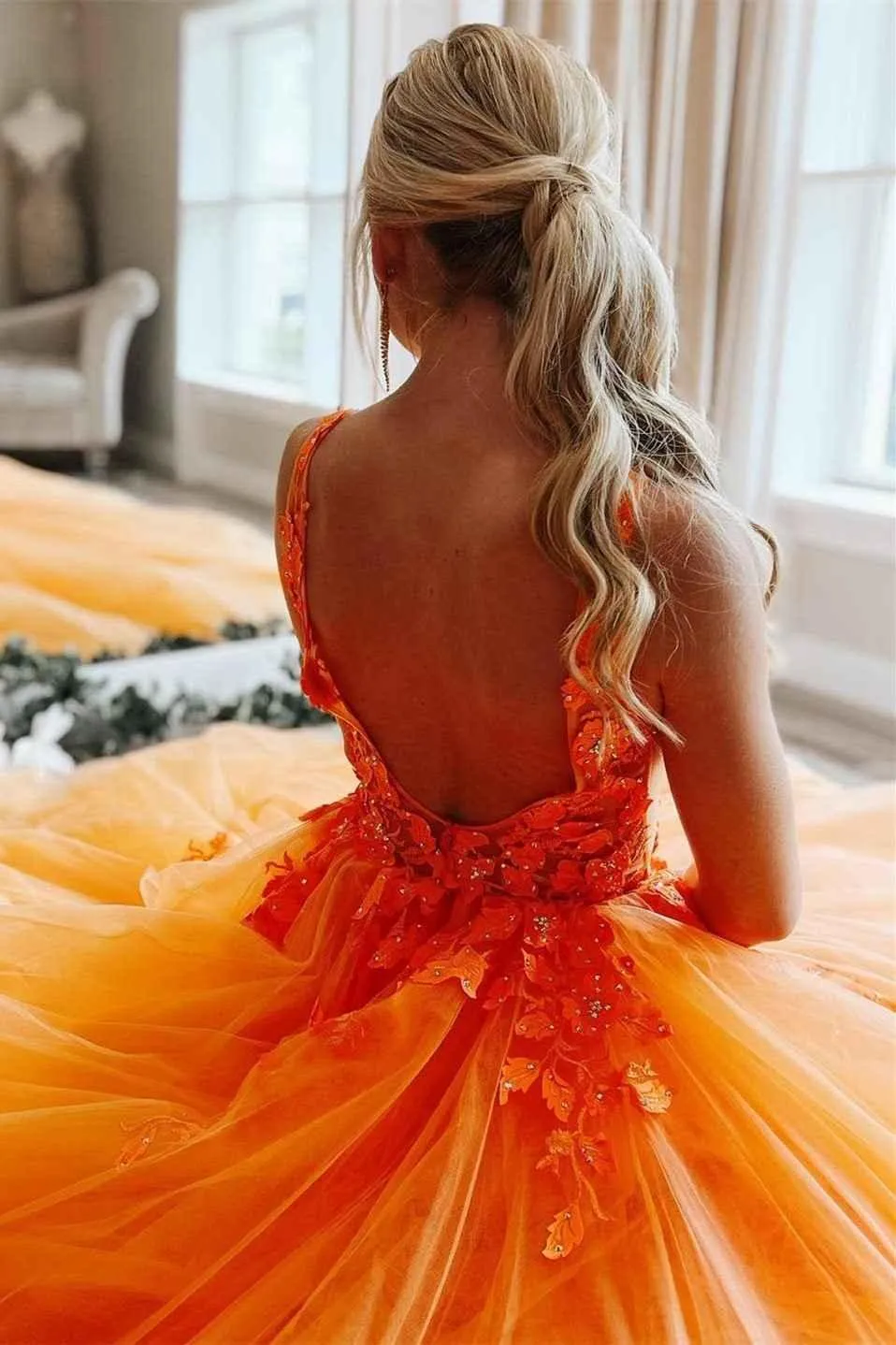 Gorgeous Orange V-Neck Floral Tulle Long Prom Evening Dress PSK360