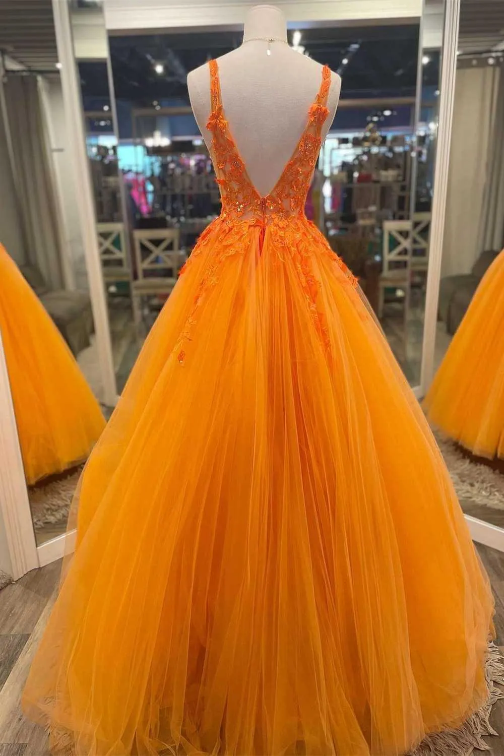 Gorgeous Orange V-Neck Floral Tulle Long Prom Evening Dress PSK360