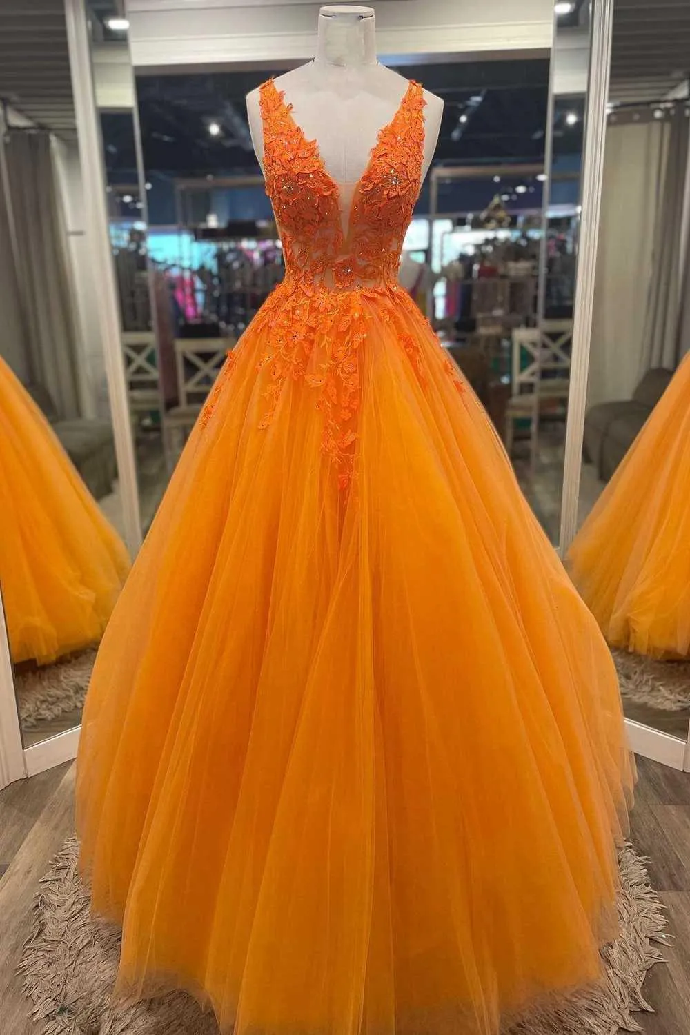 Gorgeous Orange V-Neck Floral Tulle Long Prom Evening Dress PSK360