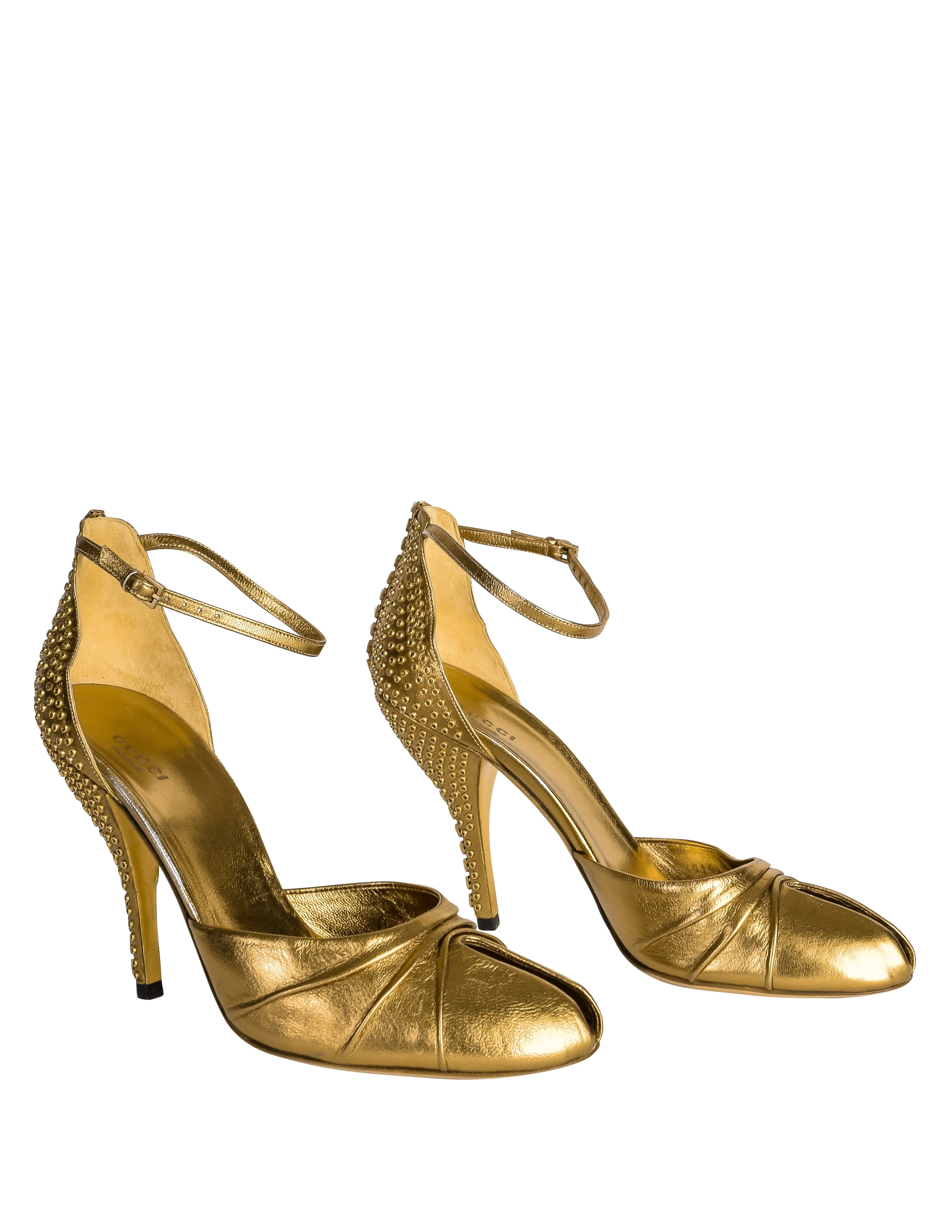 Gucci Vintage SS 2005 Burnished Gold Metallic Leather Studded Peep Toe Heels