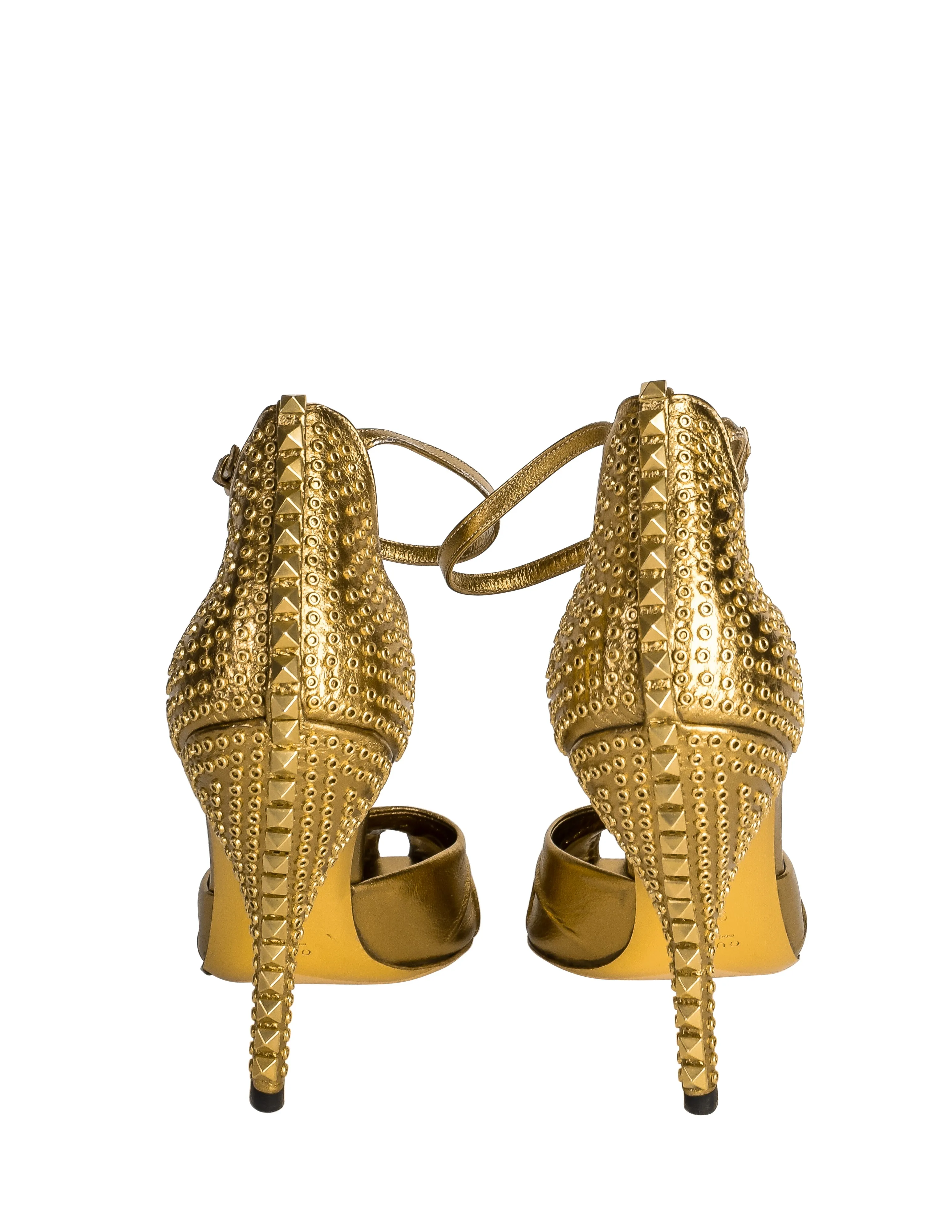 Gucci Vintage SS 2005 Burnished Gold Metallic Leather Studded Peep Toe Heels