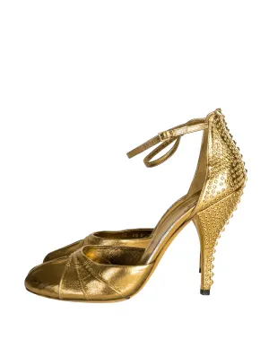 Gucci Vintage SS 2005 Burnished Gold Metallic Leather Studded Peep Toe Heels