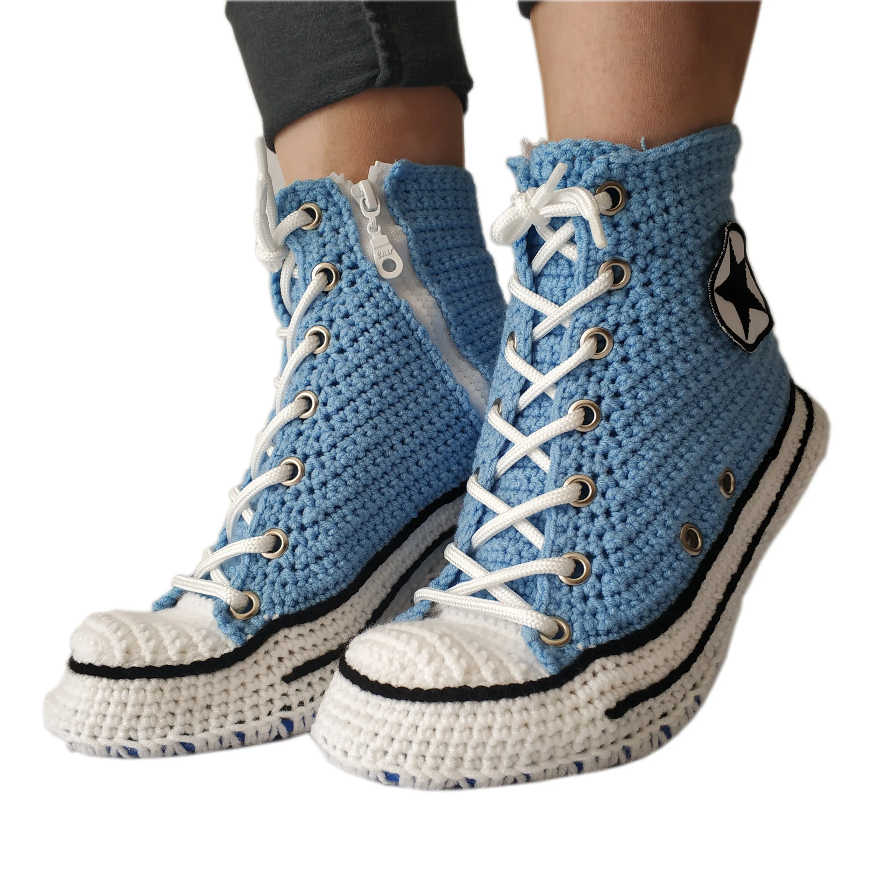 Handmade Crochet Light Blue Unisex Home Indoor  Sneakers Slippers Soft Plush