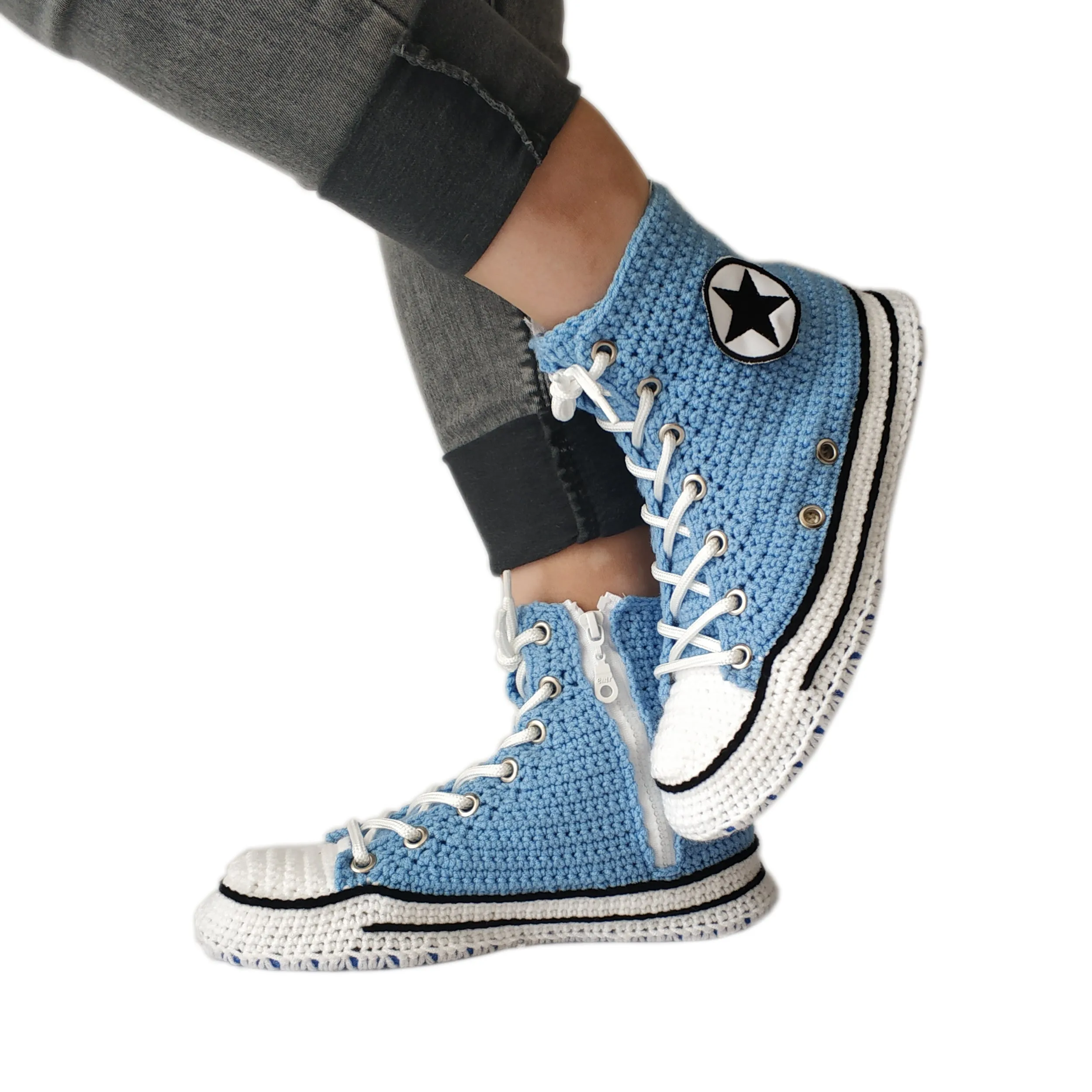 Handmade Crochet Light Blue Unisex Home Indoor  Sneakers Slippers Soft Plush