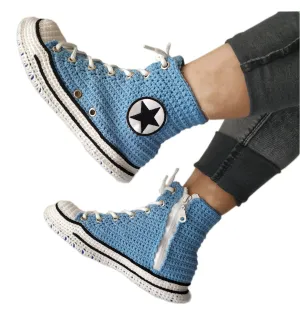 Handmade Crochet Light Blue Unisex Home Indoor  Sneakers Slippers Soft Plush