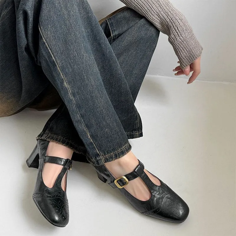 Handmade Leather Brogued Mary Jane Pumps T Strap Detail in Black/Brown