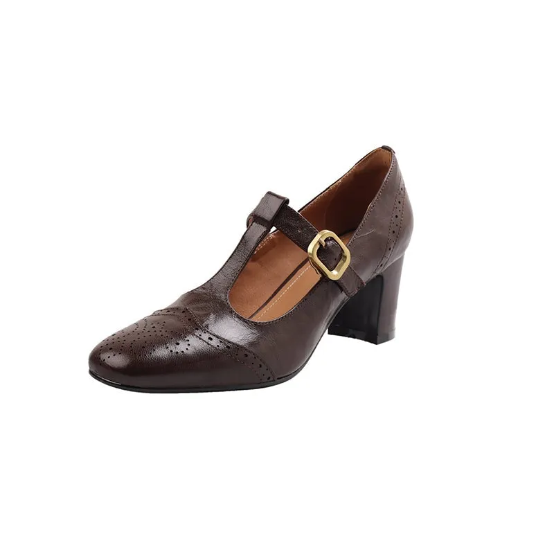 Handmade Leather Brogued Mary Jane Pumps T Strap Detail in Black/Brown