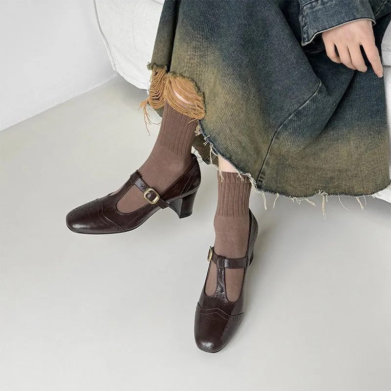 Handmade Leather Brogued Mary Jane Pumps T Strap Detail in Black/Brown