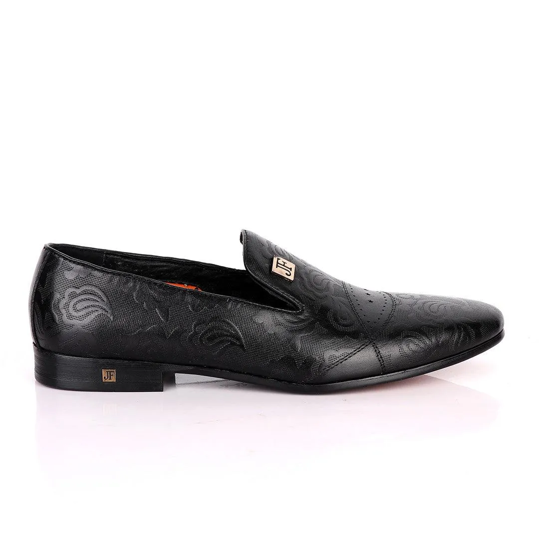 John Foster Full Flower  Designed Leather Shoe-Black