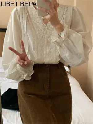 Joskaa New 2024 Korean Fashion Vintage Floral Sweet Lace Pagoda Sleeve Oversized Shirts Women Autumn Winter Elegant Blouses Tops