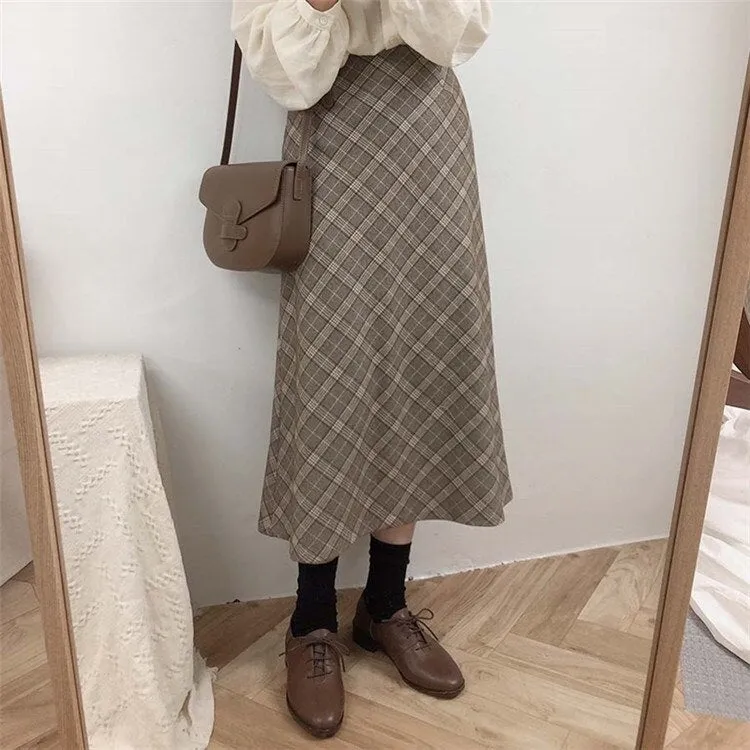 Joskaa New 2024 Spring Women Fashionable Casual Lady Korean Style Empire Vintage Plaid High Waist Female Wild A-line Long Skirt