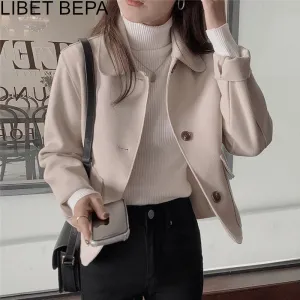 Joskaa New Autumn Winter  Women Jacket Pockets Turn-Down Collar Oversized Wild Outerwear Woolen Vintage Buttons Short Tops JK2210