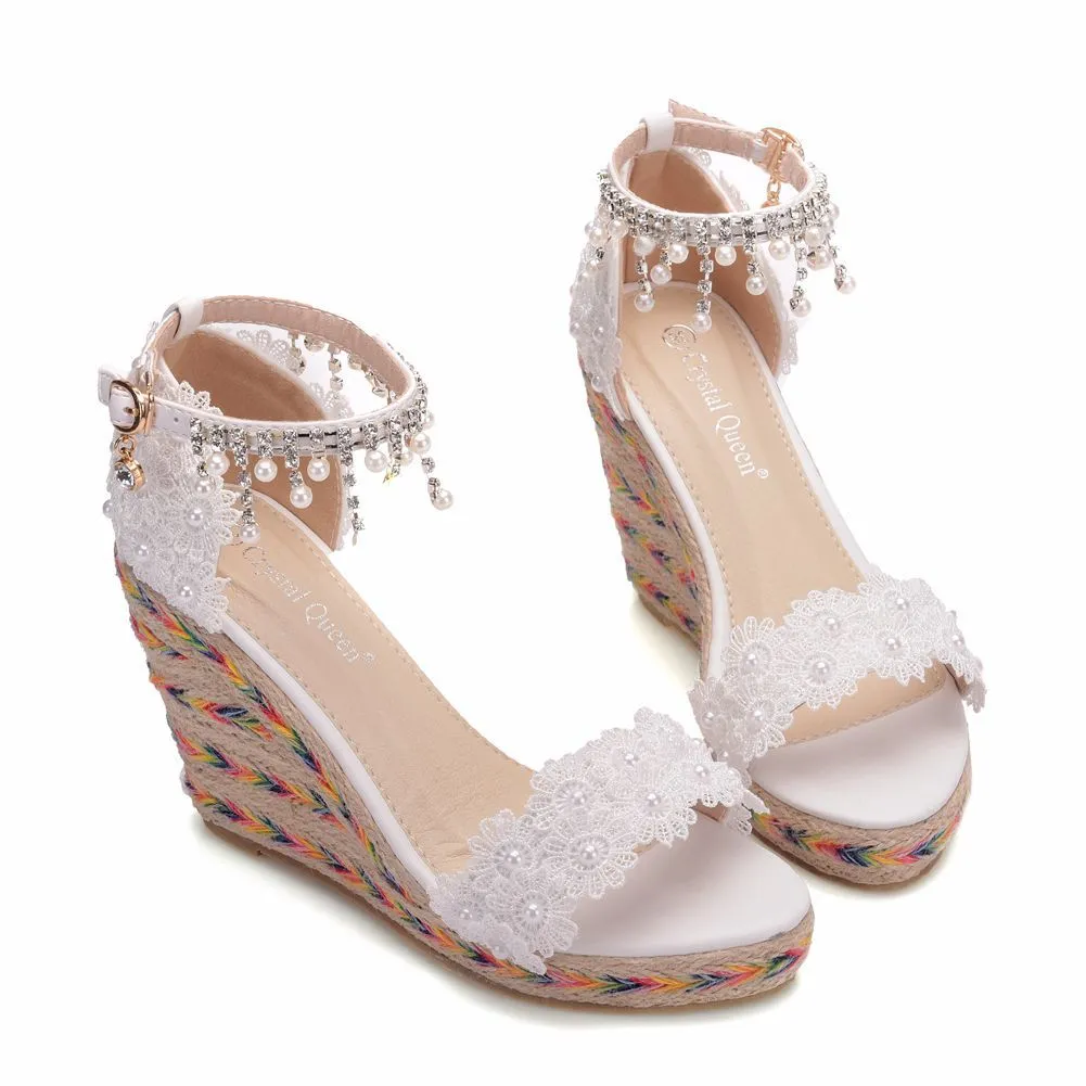 Lace Beaded Fishmouth Wedge Sandals