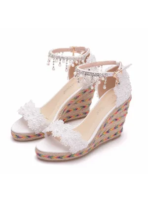 Lace Beaded Fishmouth Wedge Sandals