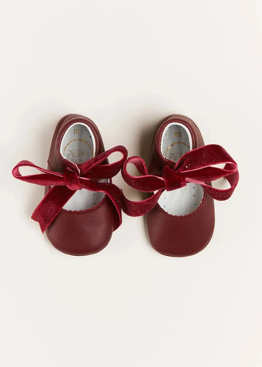 Leather Velvet Ribbon Pram Shoes in Burgundy (17-20EU)