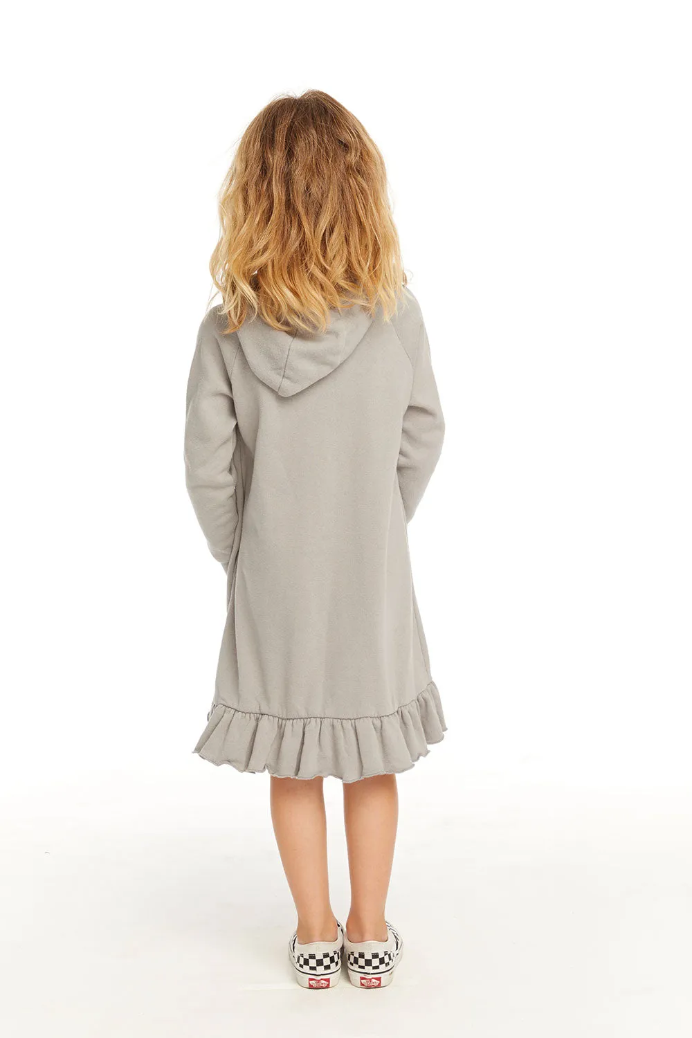 Long Sleeve Gravel Grey Hooded Ruffle Hem Dress