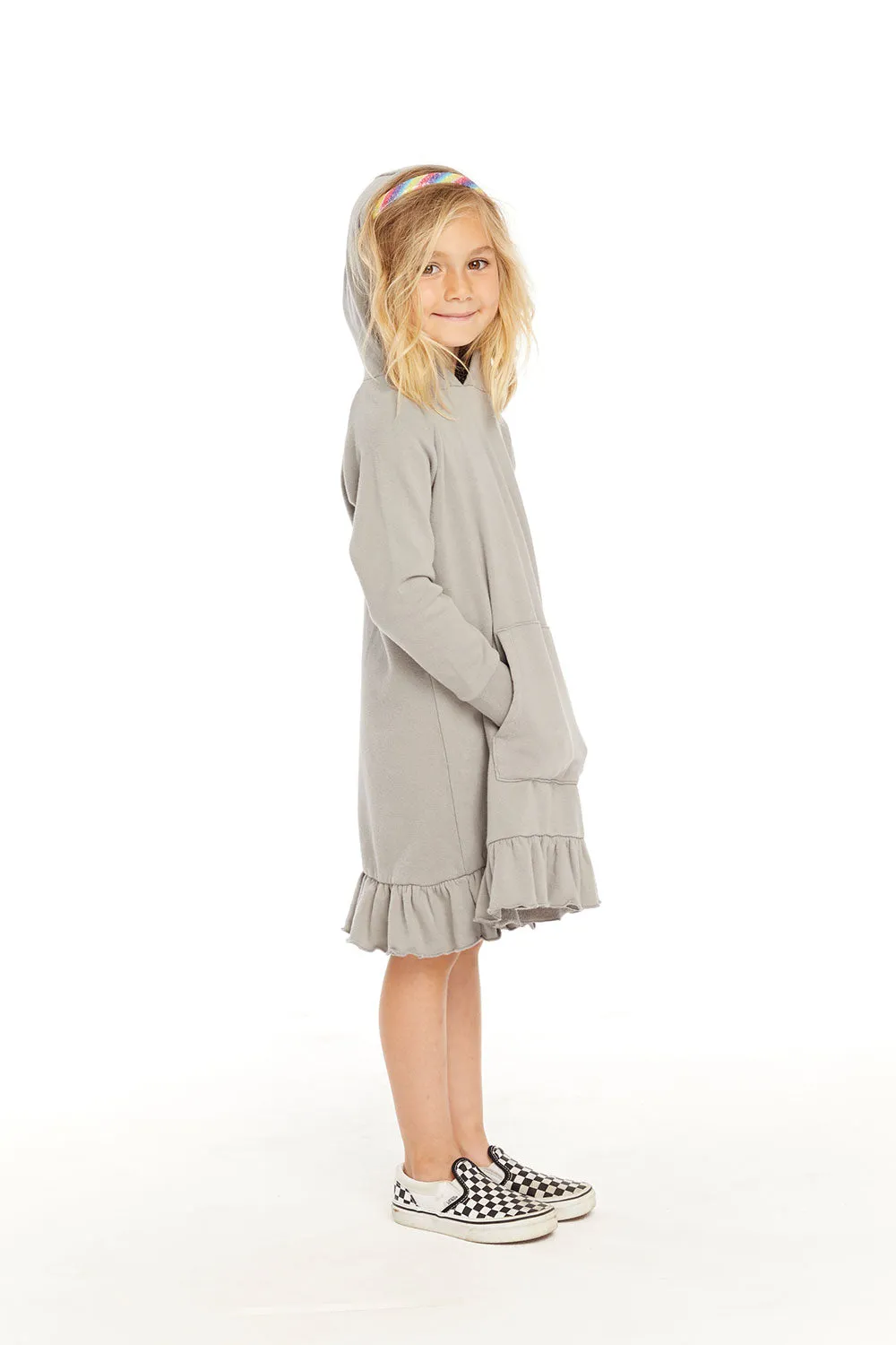 Long Sleeve Gravel Grey Hooded Ruffle Hem Dress