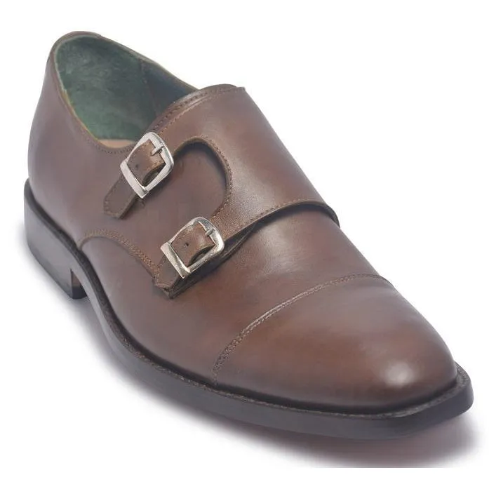 Men Brown Two Monk Strap Genuine Leather Shoes with Cap Toe