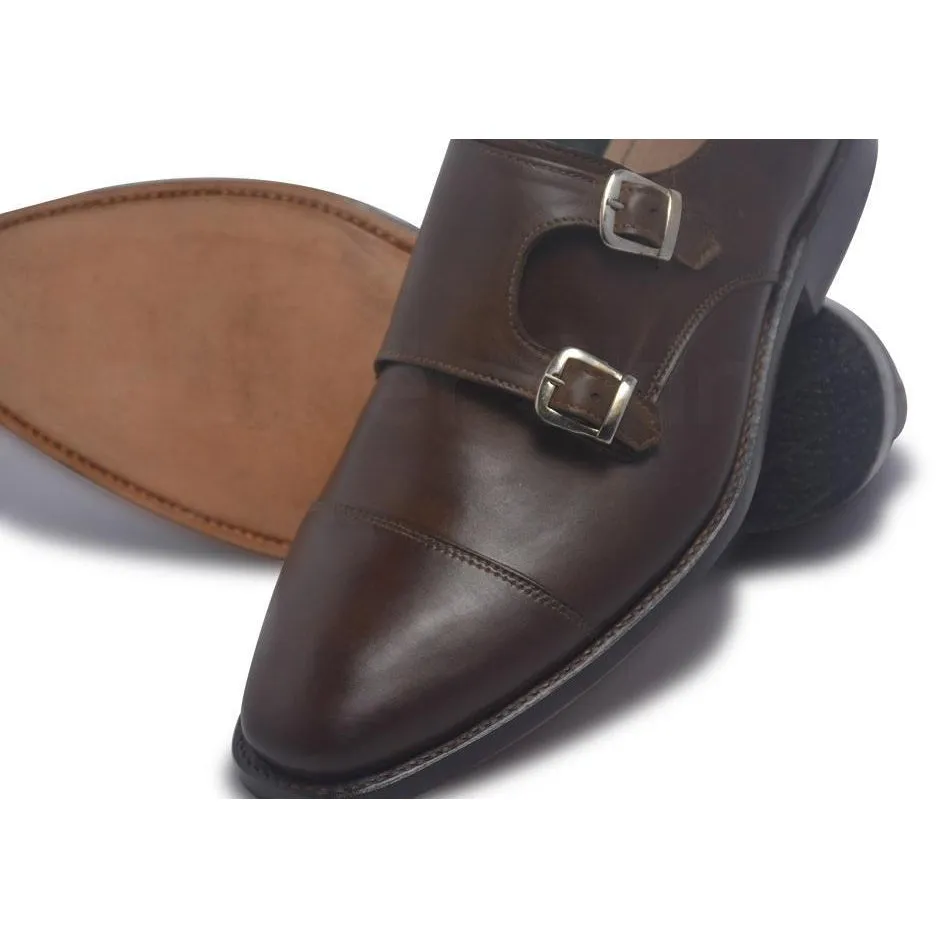 Men Brown Two Monk Strap Genuine Leather Shoes with Cap Toe