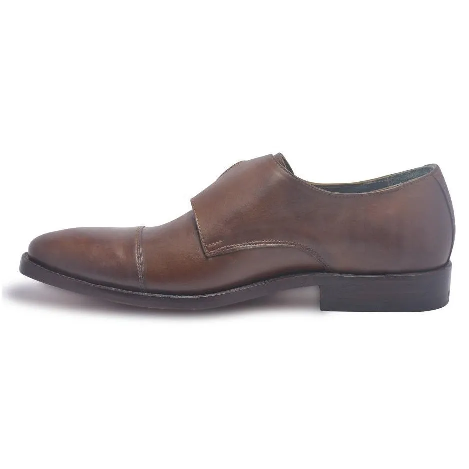 Men Brown Two Monk Strap Genuine Leather Shoes with Cap Toe