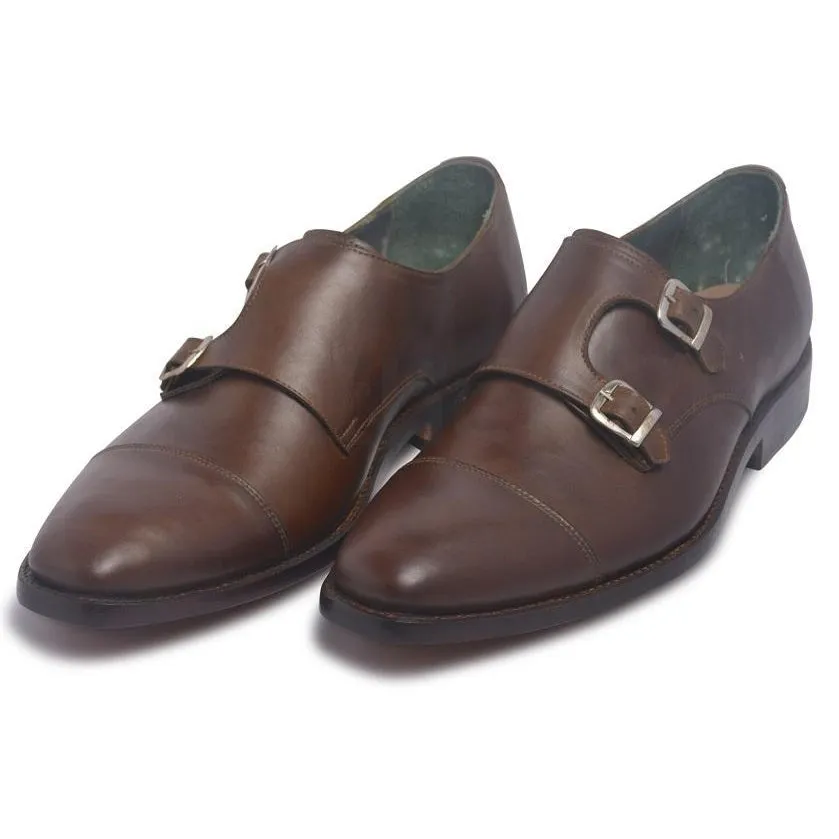 Men Brown Two Monk Strap Genuine Leather Shoes with Cap Toe