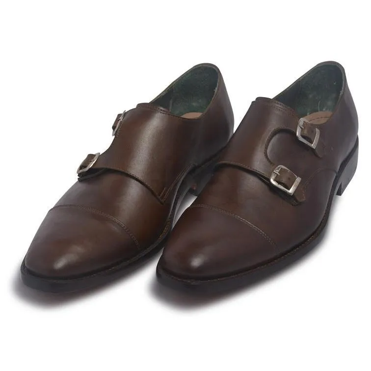 Men Brown Two Monk Strap Genuine Leather Shoes with Cap Toe