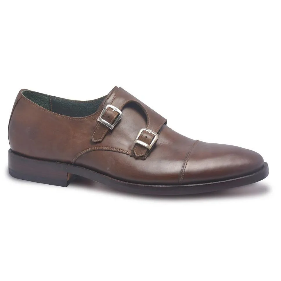 Men Brown Two Monk Strap Genuine Leather Shoes with Cap Toe