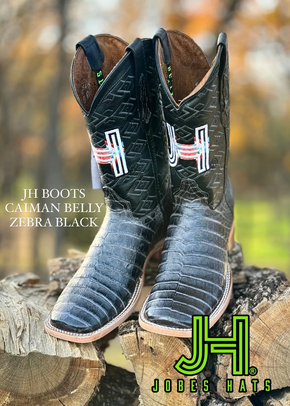 New 2024 Mens JH Caiman Belly “Black Zebra” Square Toe Boots