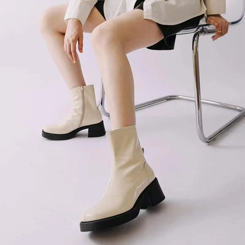 Platform Ankle Boots Leather Chelsea Boots Retro Square Toe Slimming Boots in White/Black