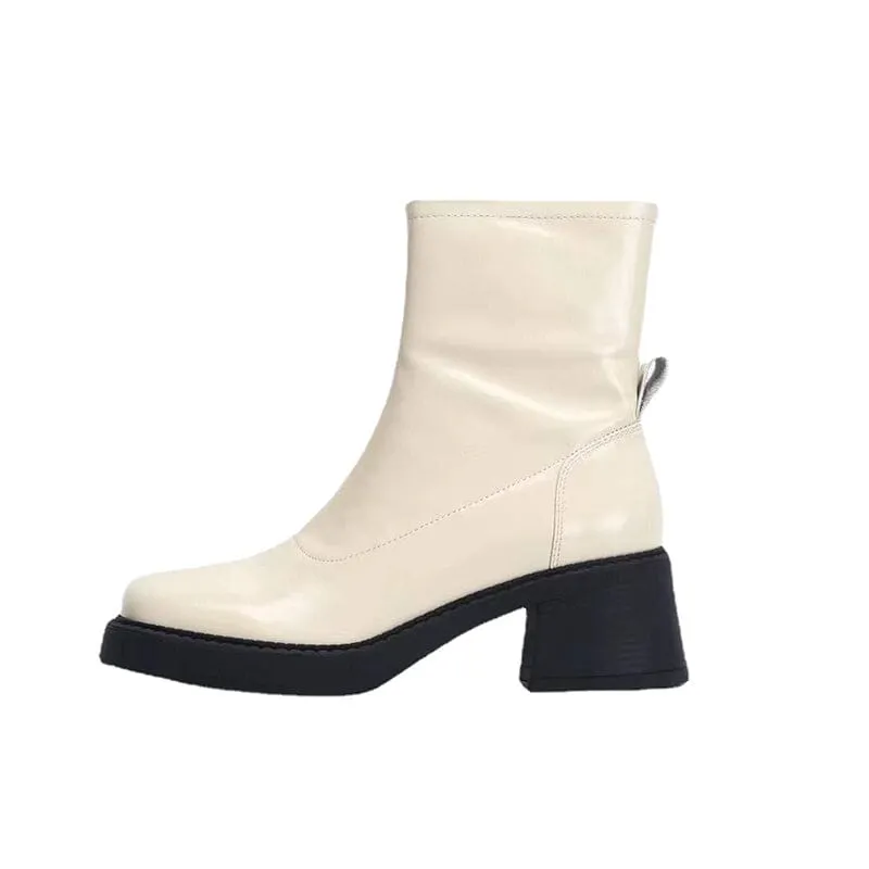 Platform Ankle Boots Leather Chelsea Boots Retro Square Toe Slimming Boots in White/Black