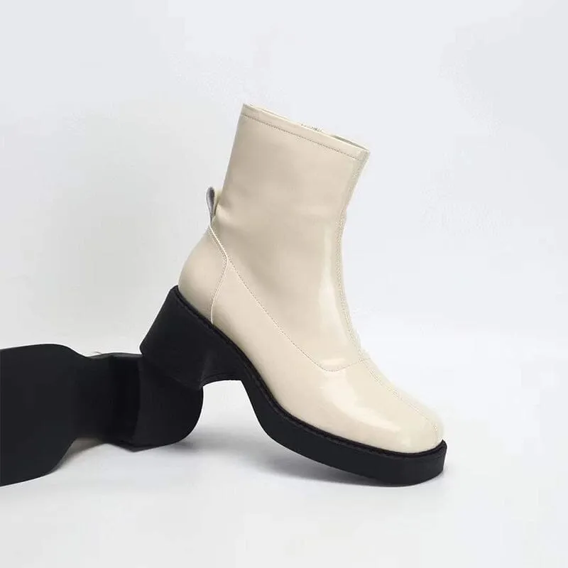 Platform Ankle Boots Leather Chelsea Boots Retro Square Toe Slimming Boots in White/Black