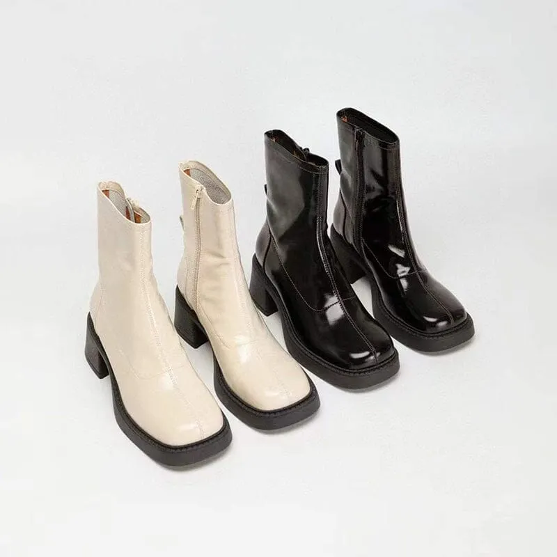 Platform Ankle Boots Leather Chelsea Boots Retro Square Toe Slimming Boots in White/Black